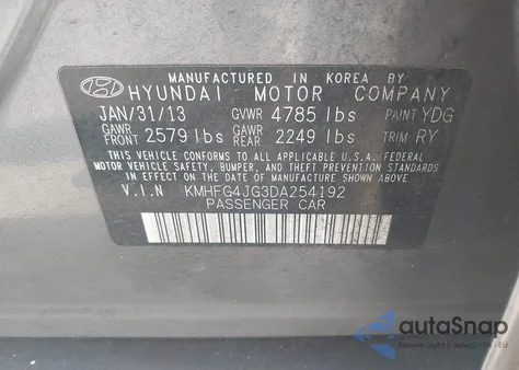 2013 Hyundai Azera из США, поврежденный, VIN KMHFG4JG3DA254192